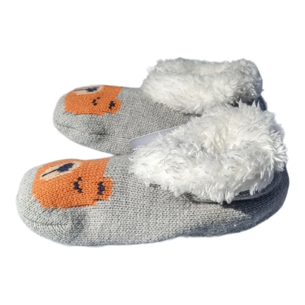 Gymboree S 5-6 Joy/Peace Bear Knit Grey Slippers W/ Nonslip Sole